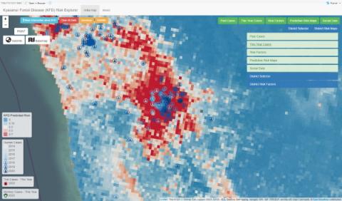 Figure 1: Example screenshot from the Decision Support Tool showing the predicted risk map for Shivamogga and the surrounding districts overlaid with human cases from 2020 (dark blue) and prior years (light blue).